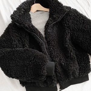Black Sherpa Bomber Jacket - Women